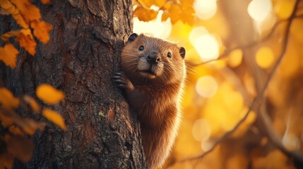 Poster - A curious animal peeks from a tree trunk amidst vibrant autumn foliage.