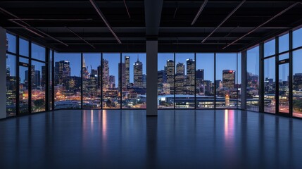 Poster - A modern office space with large windows showcasing a city skyline at dusk.