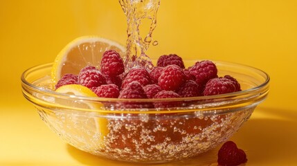 Poster - Fresh raspberries and lemon slices in a bowl with water splashing, highlighting freshness.