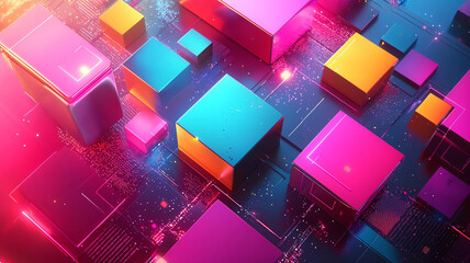 Poster - Ai generated cube animation digital space abstract art neon environment top-down view tech innovation in modern design