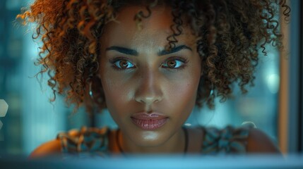 Poster - Close-up of a woman with curly hair intently focused on a laptop screen.