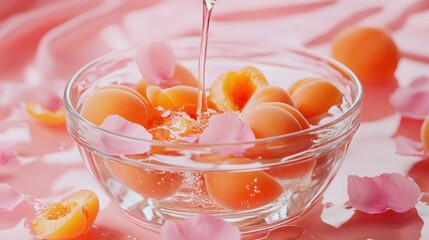Poster - A bowl of apricots surrounded by pink petals, with water being poured over them.