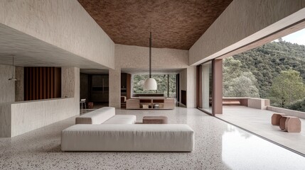 Aufkleber - Modern interior featuring minimalist design and natural light with scenic outdoor views.