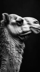 Aufkleber - A close-up black and white portrait of a camel, highlighting its unique features and textures.