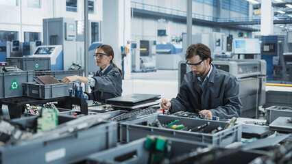 Leinwandbilder - Caucasian Male And Female Workers Taking Apart Old Laptops To Recycle Electronic Components For Printed Circuit Board Production At An Electronics Factory. Employees Unscrewing, Sorting Computer Parts