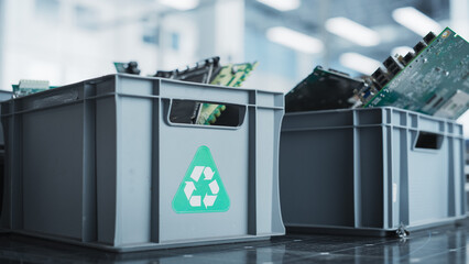 Aufkleber - Close Up Shot Of Boxes With Computer Parts Sorted For Recycling At Sustainable Electronics Factory. Motherboards And Microchips Are Collected And Prepared For Reuse in Modern Technological Devices.