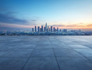 Poster - A panoramic view of a city skyline at sunset with a clear foreground.
