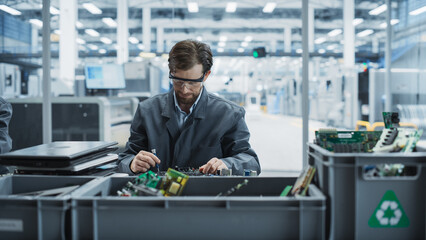 Aufkleber - Caucasian Male Worker Disassembling Old Laptops To Recycle Electronic Components For Sustainable Microchip Production At an Electronics Factory. Man Unscrewing Motherboards And Sorting Parts In Boxes.
