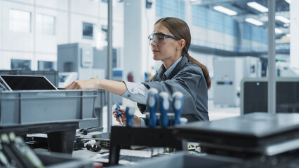 Aufkleber - Caucasian Female Worker Disassembling Old Laptops To Recycle Electronic Components For Sustainable Production At an Electronics Factory. Woman Unscrewing Digital Displays, Sorting Them In Boxes.