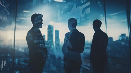 Poster - Silhouetted figures discussing data in a modern office with a cityscape backdrop.
