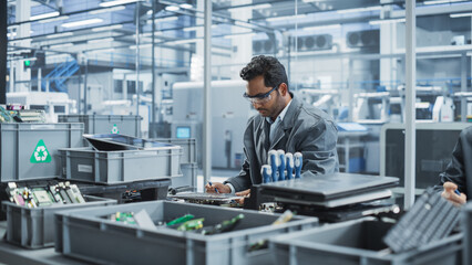 Poster - Indian Male Worker Disassembling Old Laptops To Recycle Electronic Components For Microchip Production At Automated Electronics Factory With Robotic Arms. Man Unscrewing Displays, Sorting Them.