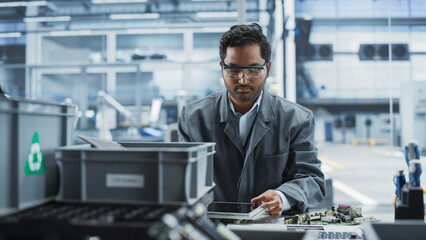 Aufkleber - Indian Male Worker Disassembling Laptops To Recycle Electronic Components For Microchip Production At Automated Electronics Factory With Robotic Arms. Man Unscrewing Displays, Sorting Them.