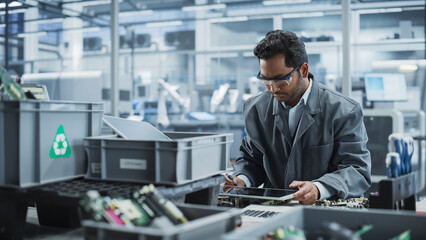 Poster - Indian Male Worker Disassembling Laptops To Recycle Electronic Components For Microchip Production At an Automated Electronics Factory With Robotic Arms. Man Unscrewing Displays, Sorting Them.