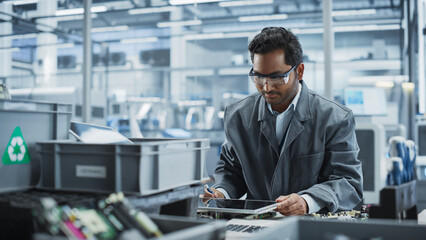 Aufkleber - Indian Male Worker Disassembling Laptops To Recycle Electronic Components For Microchip Production At an Automated Electronics Factory With Robotic Arms. Man Unscrewing Displays and Sorting Them.