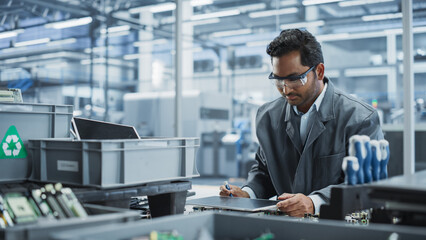Aufkleber - Indian Male Worker Disassembling Laptops To Recycle Electronic Components For Microchip Production At Automated Electronics Factory With Robotic Arms. Man Unscrewing Displays and Sorting Them Out