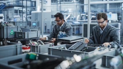 Aufkleber - Indian And Caucasian Male Workers Taking Apart Laptops To Recycle For Production Of High Tech Devices At an Automated Electronics Factory With Robotic Arms. Colleagues Sorting Displays, Keyboards.