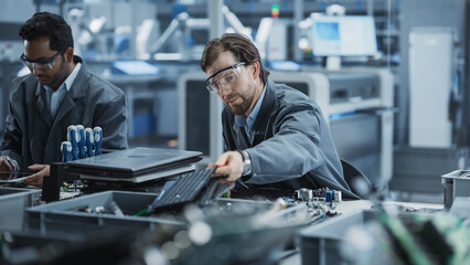 Poster - Indian And Caucasian Male Workers Taking Apart Laptops To Recycle For Production Of Sustainable Devices At Automated Electronics Factory With Robotic Arms. Colleagues Sorting Displays and Keyboards.