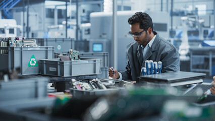 Aufkleber - Indian Male Worker Disassembling Laptops To Recycle Electronic Components For Microchip Production At An Electronics Factory With Robotic Arms. Man Unscrewing Displays, Sorting Them Out