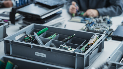 Aufkleber - Close Up Shot Of Box With Motherboards From Old Laptops That Are Being Disassembled By Electronics Factory Workers. Process Of Recycling Computer Components For Production Of Modern Microchips.