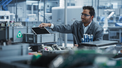 Aufkleber - Indian Male Worker Disassembling Laptops To Recycle Electronic Components For Microchip Production At An Electronics Factory With Robotic Arms. Man Unscrewing Displays and Sorting Them Out