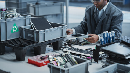 Aufkleber - Close Up Shot Of Boxes With Motherboards And Displays From Laptops That Are Being Disassembled By Electronics Factory Workers. Process Of Recycling Computer Components For Production Of New Devices.