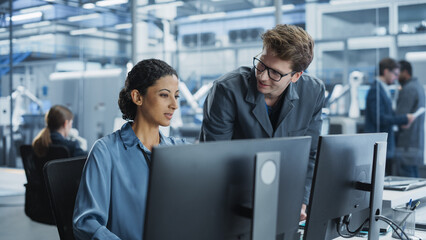 Fototapete - Portrait of Young Male Assembly Line Worker and Hispanic Female Engineer Collaborating on a Project, Using Computer and Talking in a Factory with Robotic Arms Producing Devices for Tech Industries.