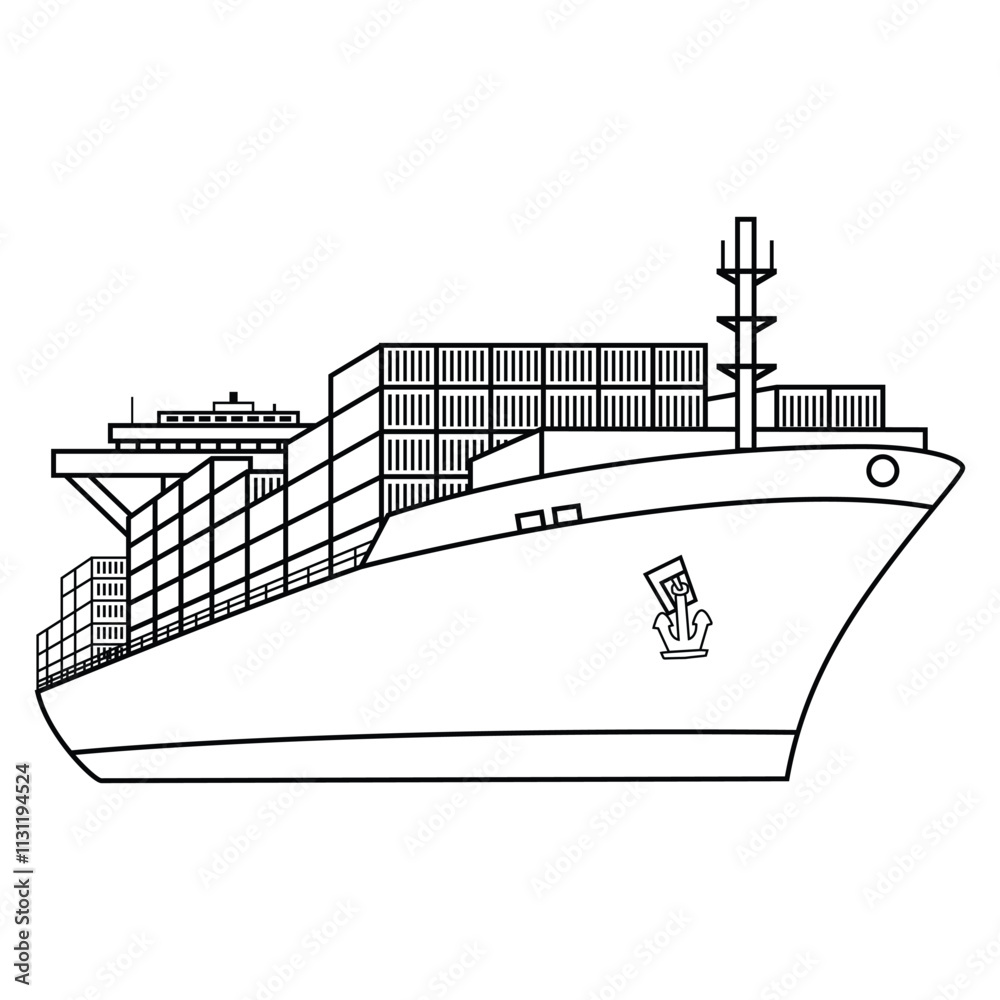 cargo ship outline, container ship line art, export ship vector and ...