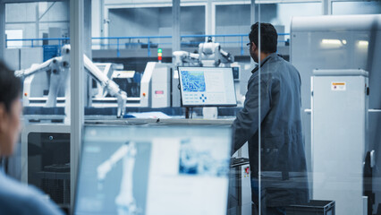 Aufkleber - Hispanic Female Automation Technician Using Desktop Computer to Control Automated Production With Robotic Arms On Modern Electronics Factory, While Indian Assembly Line Worker Using Solder Jet Printer