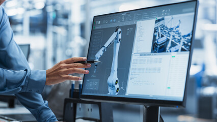 Leinwandbilder - Close Up On Screen Of Desktop Computer With Automation Software For Autonomous Assembly Line At Modern Factory With Robotic Arms. Technical Supervisor Pointing At Display, Adjusting Production Process