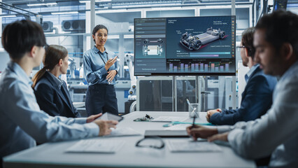 Poster - Electric Vehicle Factory Office Meeting: Hispanic Female Project Manager Presenting Innovative Transmission For Super Car. Diverse Engineers And Technicians Listening, Taking Notes.