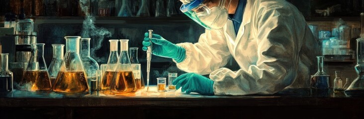 Poster - A scientist in a lab conducts experiments with glassware and liquids.