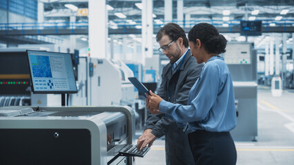 Poster - Male Technician and Hispanic Businesswoman Using Tablet In Electronics Factory. Caucasian Man Explaining Production Of Motherboards For AI Powered Devices With Soldering Jet Printer.
