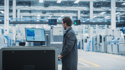 Poster - Caucasian Male Assembly Line Worker Using Soldering Jet Printer For Production Of Printed Circuit Boards At an Autonomous Factory. Man Working On Computer Parts For High Tech Machine Learning Systems.