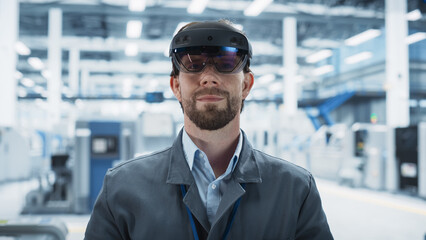 Leinwandbilder - Close-Up Portrait Of Caucasian Male Engineer Wearing Augmented Reality Headset, Controlling Autonomous Production At Electronics Factory. Man Overlooking Assembling Process Of Computer Parts