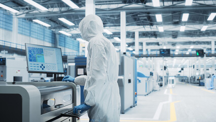 Poster - Printed Circuit Board Production In a Factory Research Center: Scientist In Sterile Suit Using Soldering Jet Printer To Make Motherboards For Powerful Computers. Hardware Manufacturing Facility.
