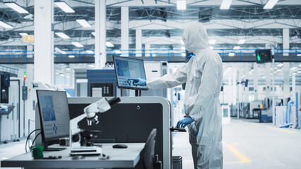 Poster - Printed Circuit Board Production At an Electronics Factory: Scientist In Sterile Suit Using Soldering Jet Printer To Make Motherboards For Powerful Processors. Computer Hardware Manufacturing Facility