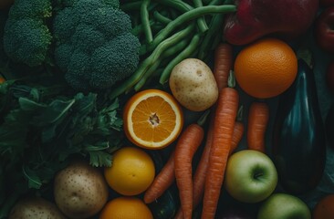 Wall Mural - Fresh produce oranges, broccoli, carrots, potatoes, green beans, apple, and more.