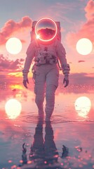 Wall Mural - An astronaut walks through a reflective landscape under a surreal sky with glowing suns.