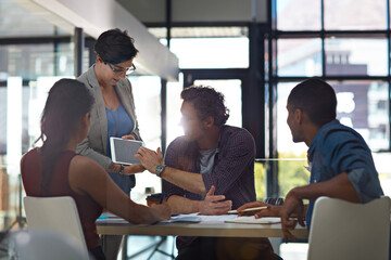 Poster - Business people, tablet and discussion in collaboration, meeting or feedback as creative in office. Technology, group and diversity for teamwork, review and communication at company or digital agency