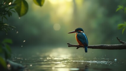 Canvas Print - A colorful bird sitting on a branch in the water