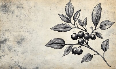 Poster - Engraved Illustration of Berries and Leaves on Branch