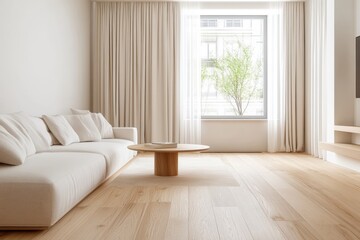 Wall Mural - Bright, minimalist living room featuring a white sofa, circular wooden coffee table, and light wooden floors, infused with abundant natural light from large windows.