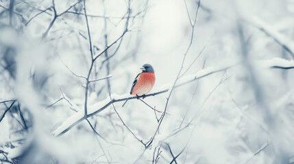 Wall Mural - eurasian bullfinch sits on a snow-covered branch in a serene winter setting, creating a tranquil nat