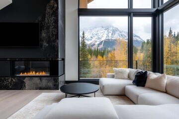 Wall Mural - high-end living space, elegant contemporary living room in a luxurious house with neutral tones, fireplace, and expansive windows offering panoramic views