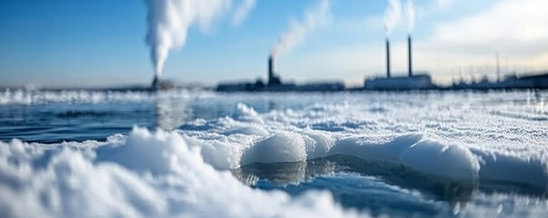 Wall Mural - melting ice with industrial chimneys emitting carbon dioxide in the background, symbolizing the impa