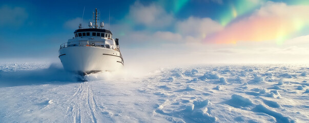 Wall Mural - navigating through arctic ice: a ship breaks through frozen seas under the northern lights