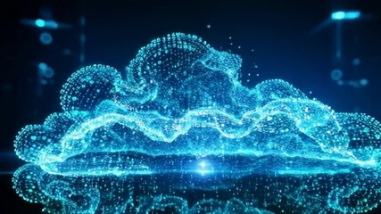 Poster - digital cloud of glowing binary particles in fluid motion futuristic visual effect merging solid sha