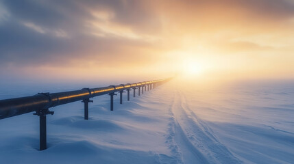 Wall Mural - gas pipeline traversing a sprawling, snow-covered terrain under a striking sunset