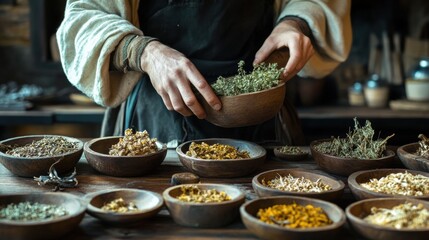 Wall Mural - Medieval herbalist working with dried plants and wooden bowls