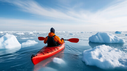 Wall Mural - kayaker bravely navigating through icy waters, exploring the stunning polar landscape of ice floes u